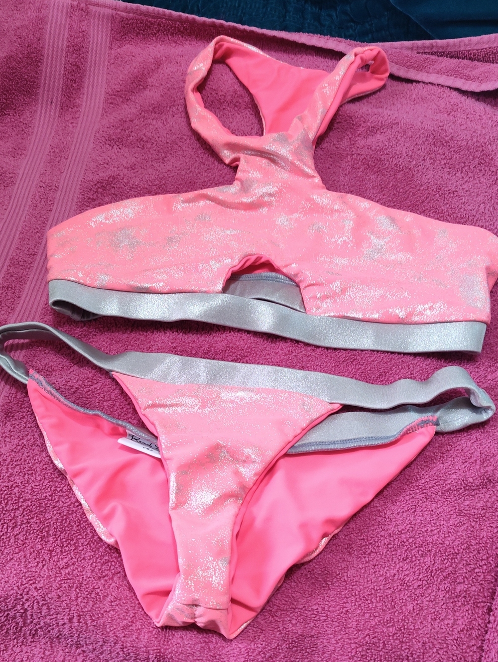 Beach Bunny Pink and Silver Shimmer Bikini Set